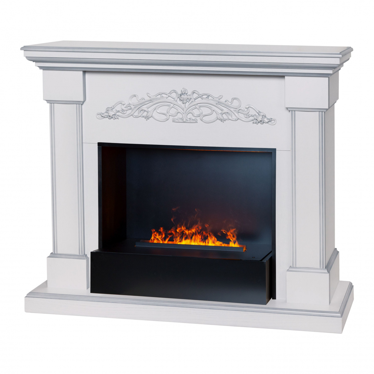 Электрокамин RealFlame Ofelia 26 WT дуб белый с серебряной патиной с очагом 3D Cassette 630 BLACK PANEL