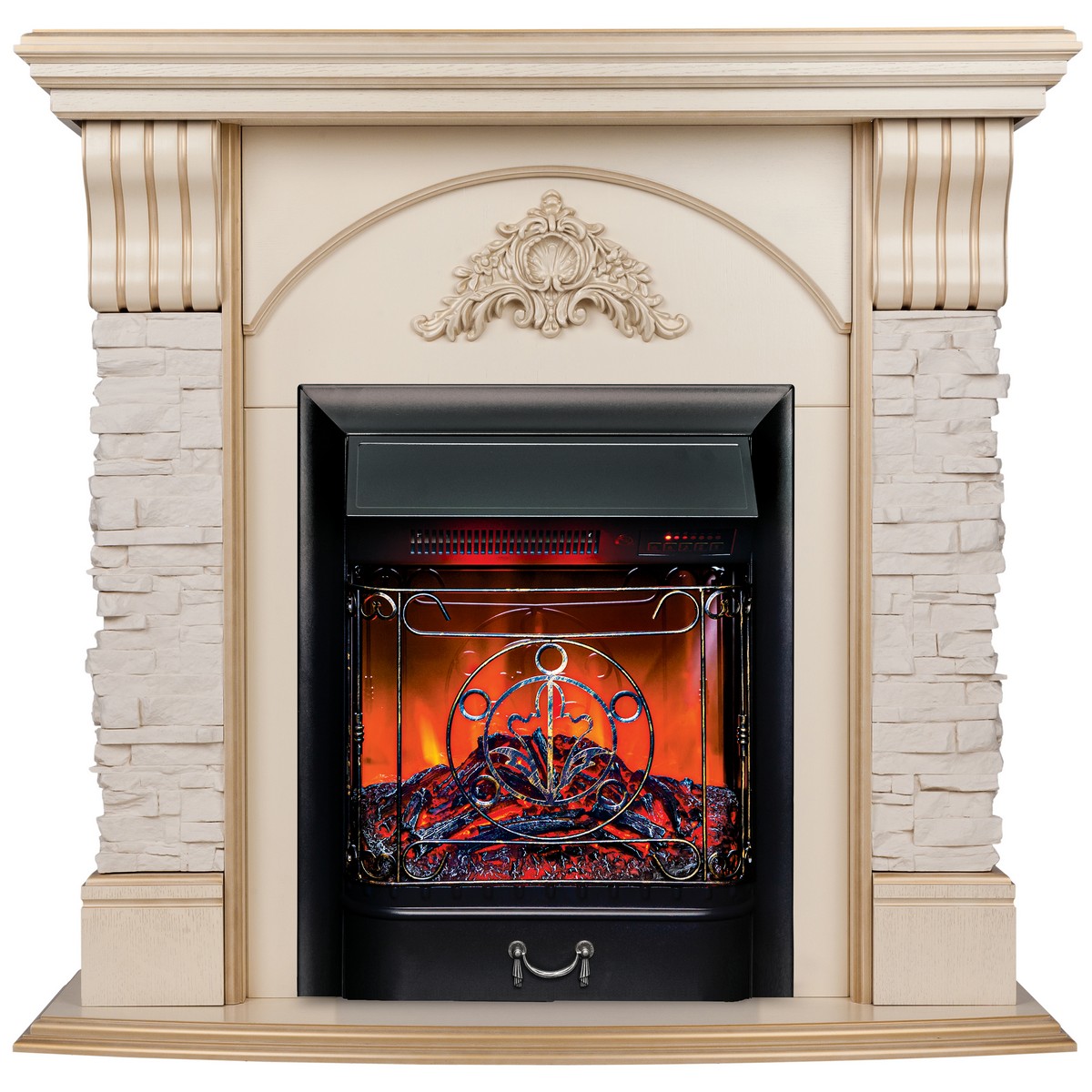 Электрокамин RealFlame Athena WT белый дуб с золотой патиной с очагом Majestic Lux Black RC