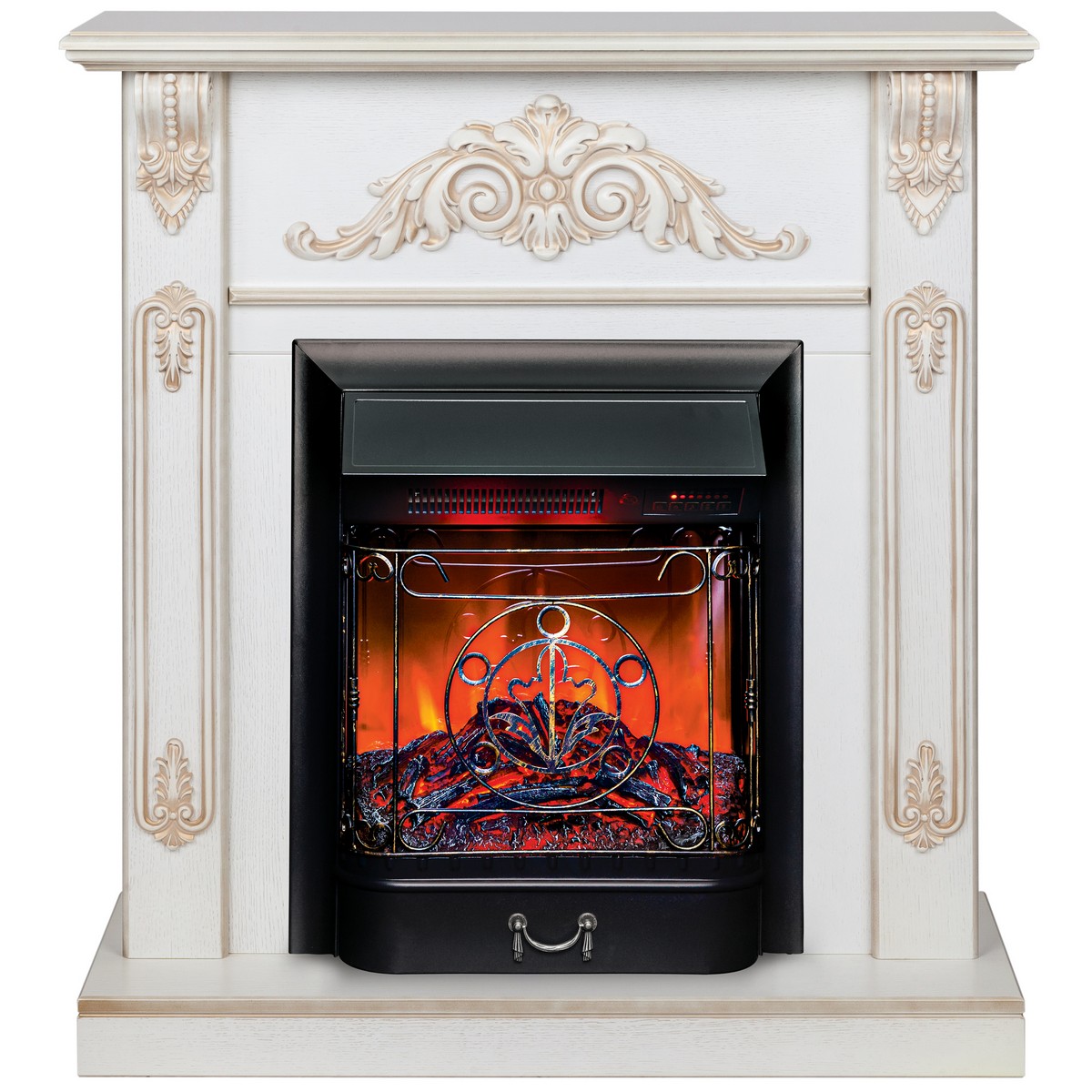 Электрокамин RealFlame Anita WT дуб белый с золотой патиной с очагом Majestic Lux Black RC