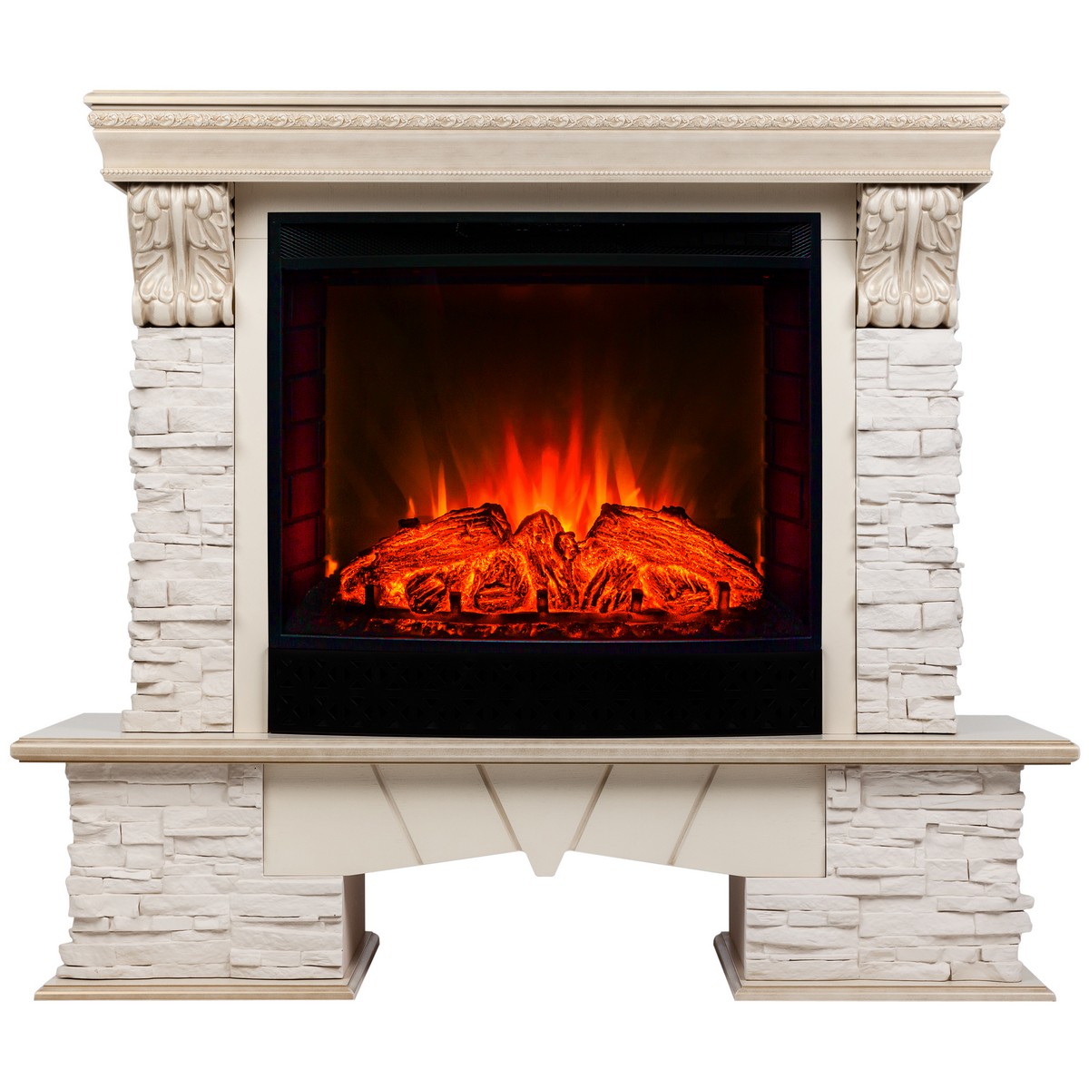 Электрокамин RealFlame Rockland Lux WT белый дуб с золотой патиной с очагом Evrika 25,5 LED