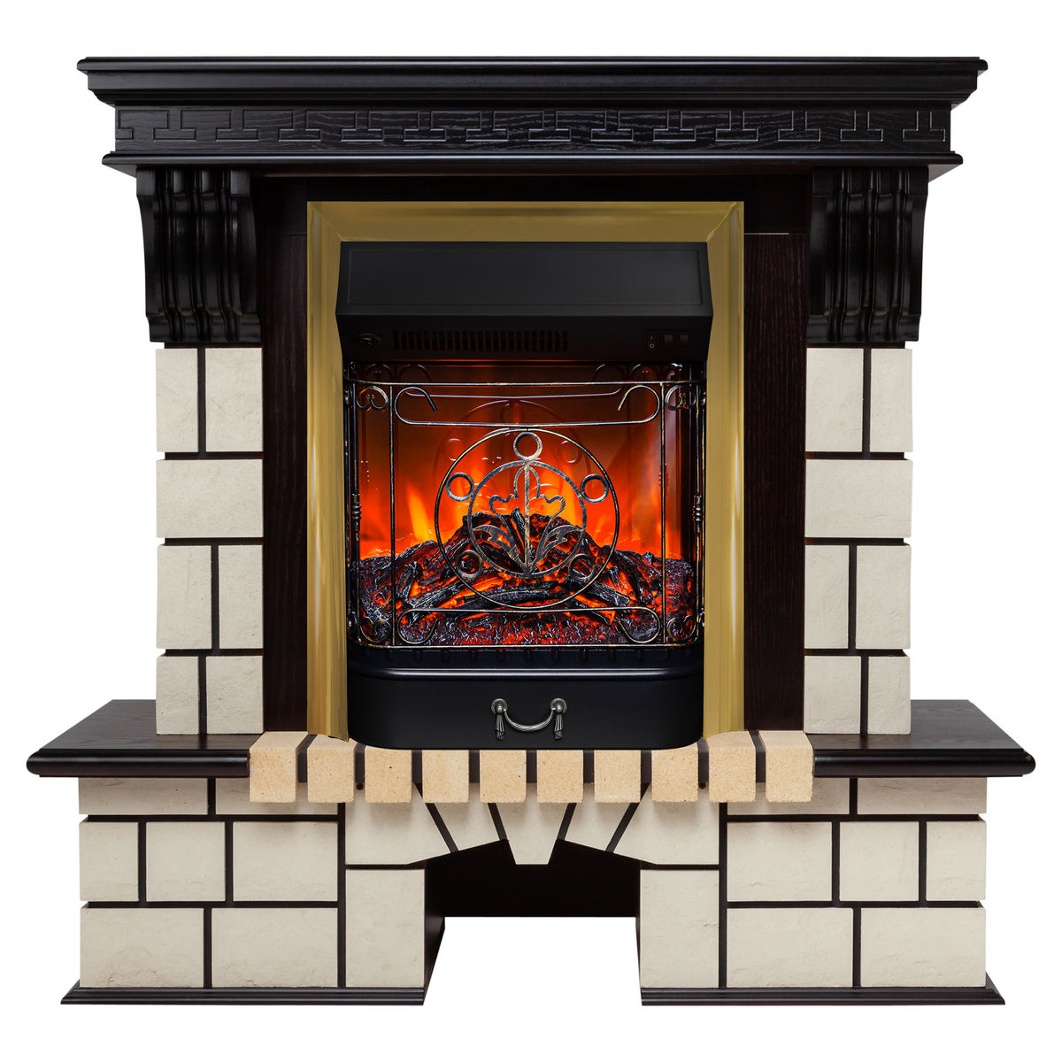 Электрокамин RealFlame Stone STD AO античный дуб с очагом Majestic Lux Brass