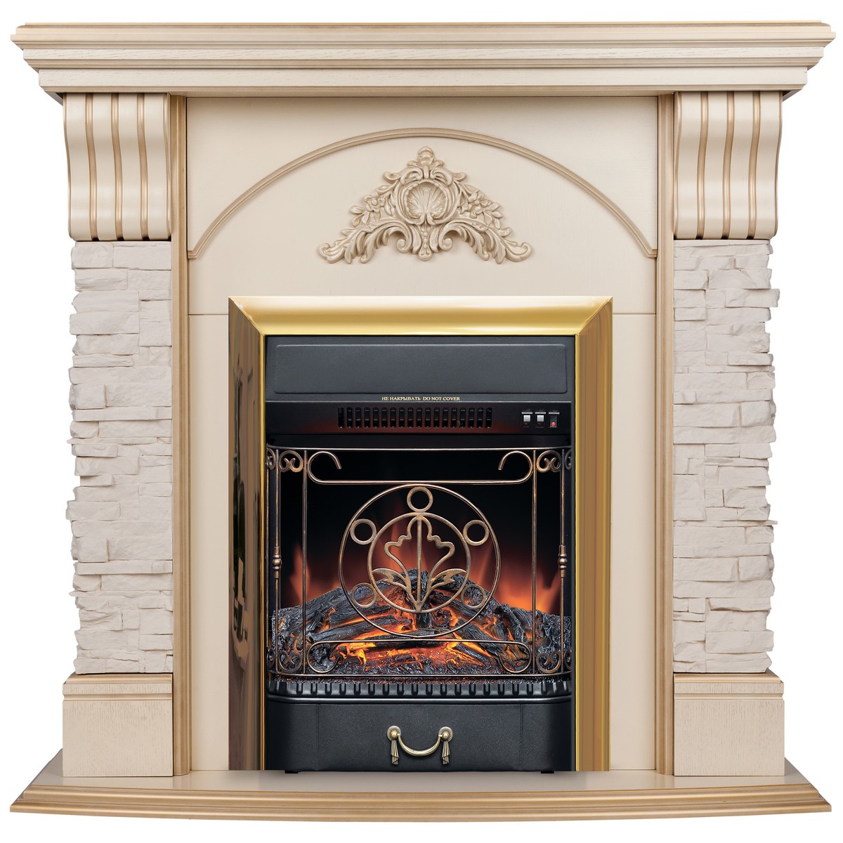 Электрокамин RealFlame Athena WT белый дуб с золотой патиной с очагом Majestic Lux Brass