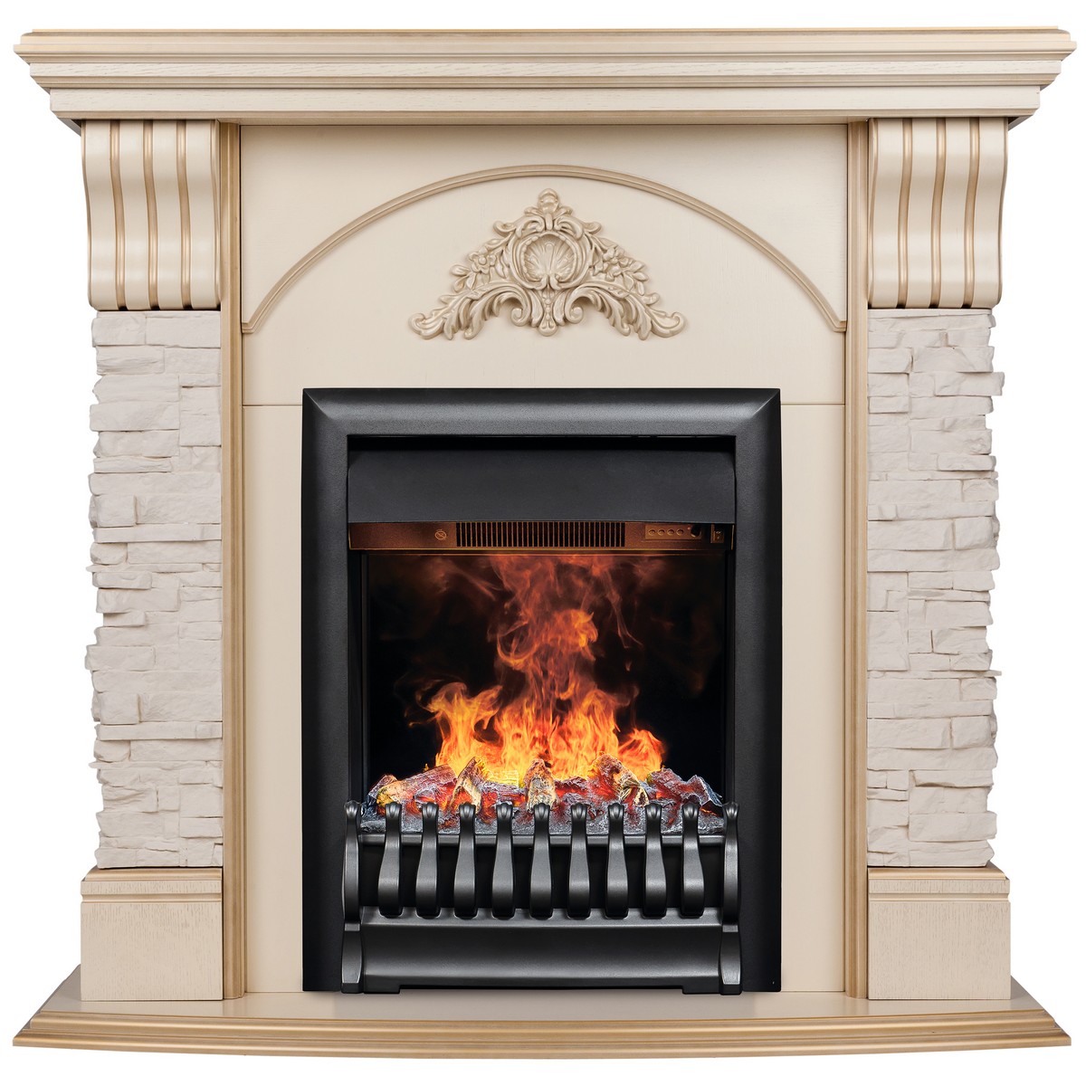 Электрокамин RealFlame Athena WT белый дуб с золотой патиной с очагом 3D Oregan